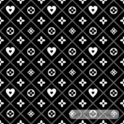 Black and white luxury monogram seamless pattern with geometric and heart motifs