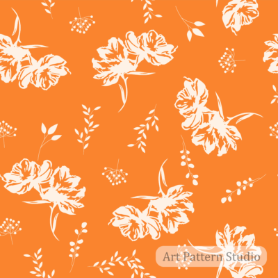 Orange minimalist floral seamless pattern featuring elegant hand-drawn flowers and botanical elements for fashion, textile printing, wallpaper, and surface design.