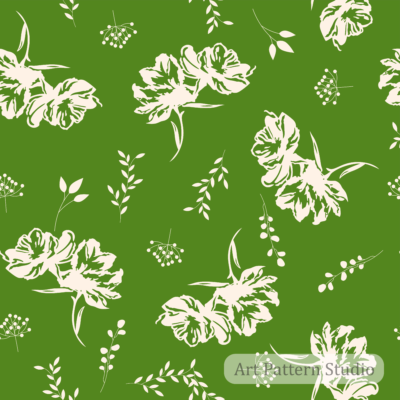 Green minimalist floral seamless pattern featuring elegant hand-drawn flowers and botanical elements for fashion, textile printing, wallpaper, and surface design.