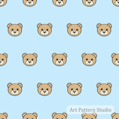 Baby Blue Teddy Bear Seamless Pattern with Cute Bear Faces on Blue Background
