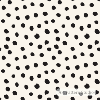 Off white and black polka dot seamless pattern featuring organic hand-drawn dots for fashion, textile printing, accessories, and surface design.