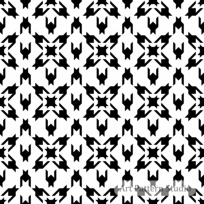 White and black geometric star abstract seamless pattern with angular repeating motif for textile, fashion, wallpaper, packaging, and surface design.