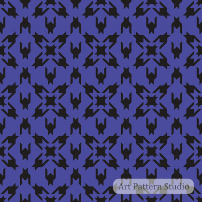 Purple and black geometric star abstract seamless pattern with angular repeating motif for textile, fashion, wallpaper, packaging, and surface design.