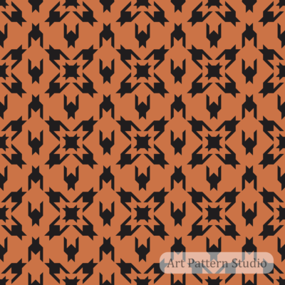 Terracotta and black geometric star abstract seamless pattern with bold angular motif for textile, wallpaper, fashion, packaging, and surface design.