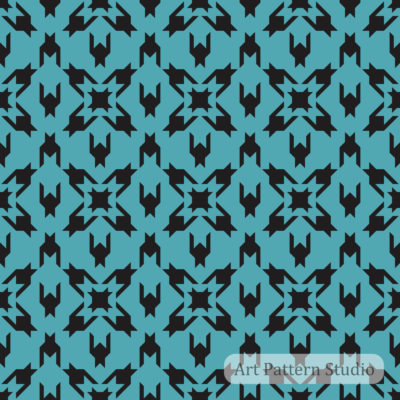Turquoise and black geometric star abstract seamless pattern with angular repeating motif for textile, wallpaper, fashion, packaging, and surface design.