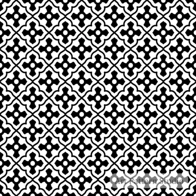 Black and white gothic cross abstract seamless pattern with ornamental geometric motif for textile, wallpaper, fashion, packaging, and surface design.