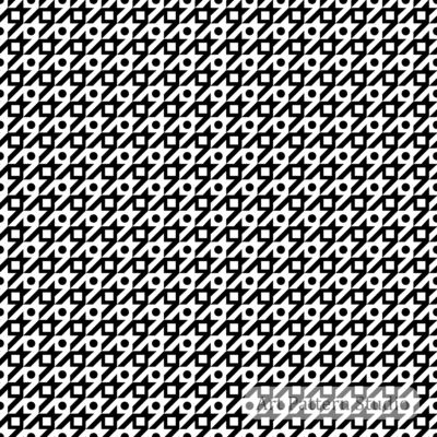 Black and white geometric abstract seamless pattern with circles, squares, and diagonal lines for textile, fashion, wallpaper, packaging, and surface design.