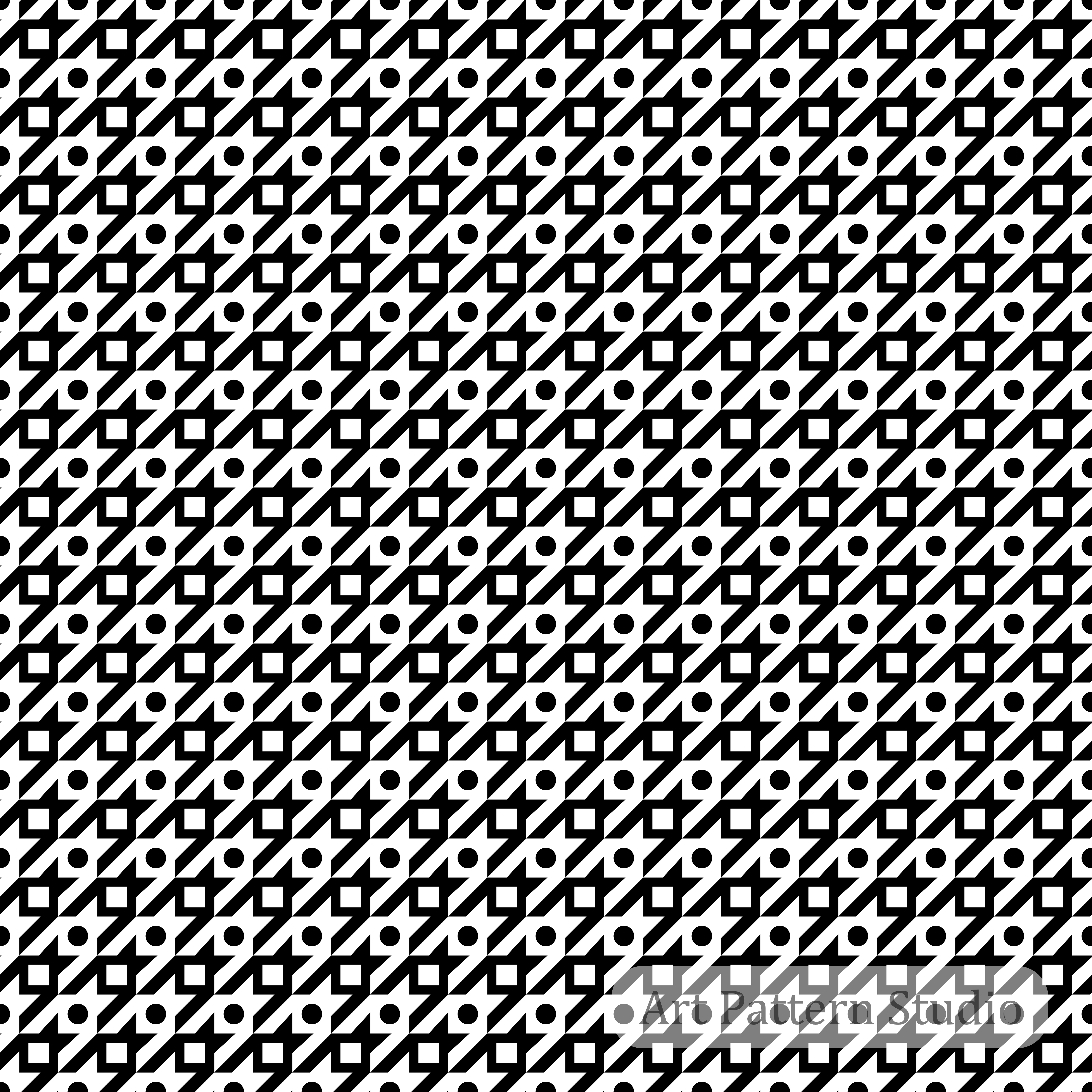 Black and white geometric abstract seamless pattern with circles, squares, and diagonal lines for textile, fashion, wallpaper, packaging, and surface design.