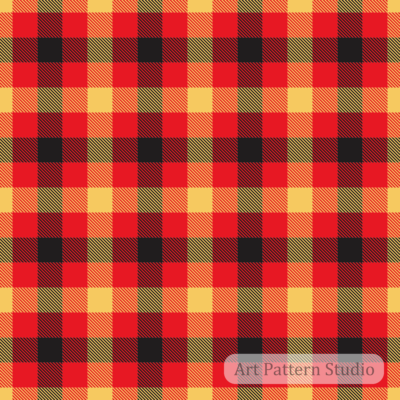 Red yellow buffalo plaid seamless pattern with black check structure for fashion, textile design, wallpaper, packaging, and heritage surface design.