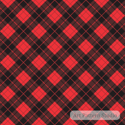 Red black diagonal tartan seamless pattern with bold crossing plaid lines for fashion, textile design, wallpaper, packaging, and surface design.