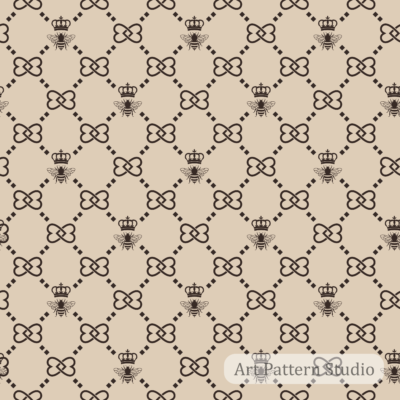 Royal Crown Honey Bee Monogram Seamless Pattern in black and gold