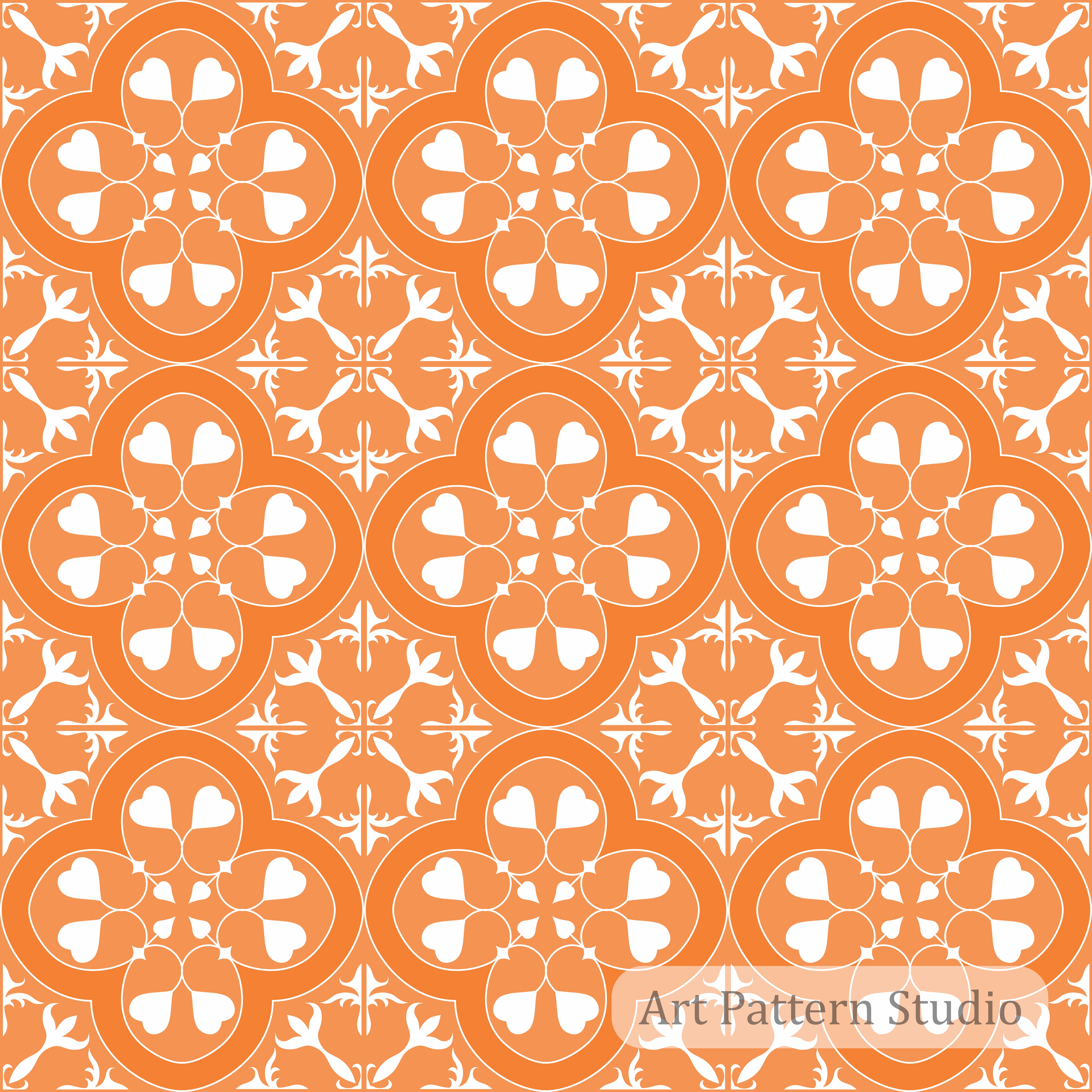 Orange ceramic tile seamless pattern with white ornamental floral motif for textile, wallpaper, fashion, packaging, and home decor design.