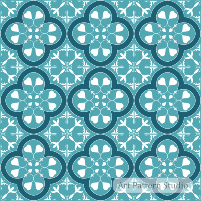Teal ceramic tile seamless pattern with white ornamental floral motif for fashion, textile, wallpaper, packaging, and home decor design.