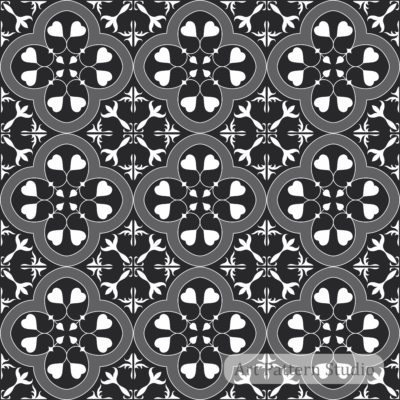 Black and gray ceramic tile seamless pattern with white ornamental motif for luxury textile, wallpaper, fashion, packaging, and surface design.