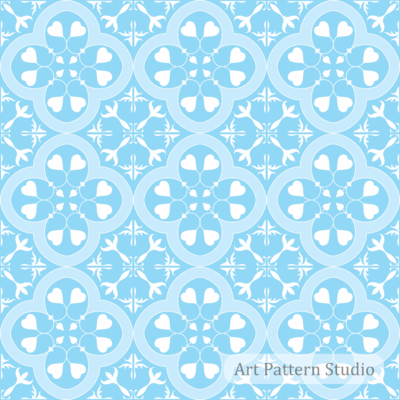 Light blue ceramic tile seamless pattern with soft white ornamental floral motif for wallpaper, textile, fashion, packaging, and home decor design.
