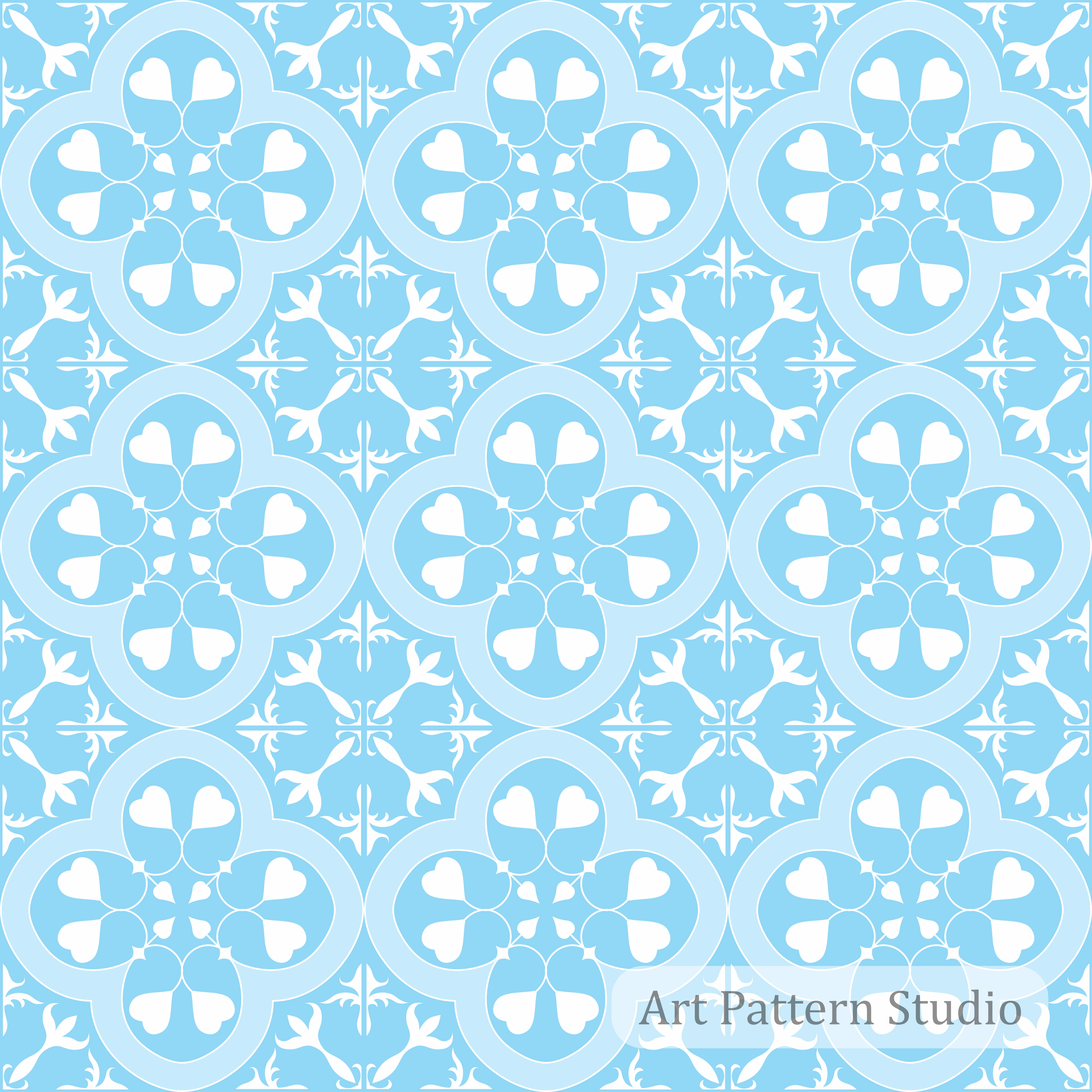 Light blue ceramic tile seamless pattern with soft white ornamental floral motif for wallpaper, textile, fashion, packaging, and home decor design.