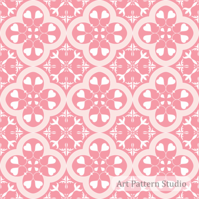 Pink ceramic tile seamless pattern with soft white ornamental floral motif for textile, wallpaper, fashion, packaging, stationery, and home decor design.