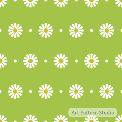 Botanical chartreuse retro daisy floral polka dot seamless pattern with white flowers and orange centers for fashion textiles and wallpaper