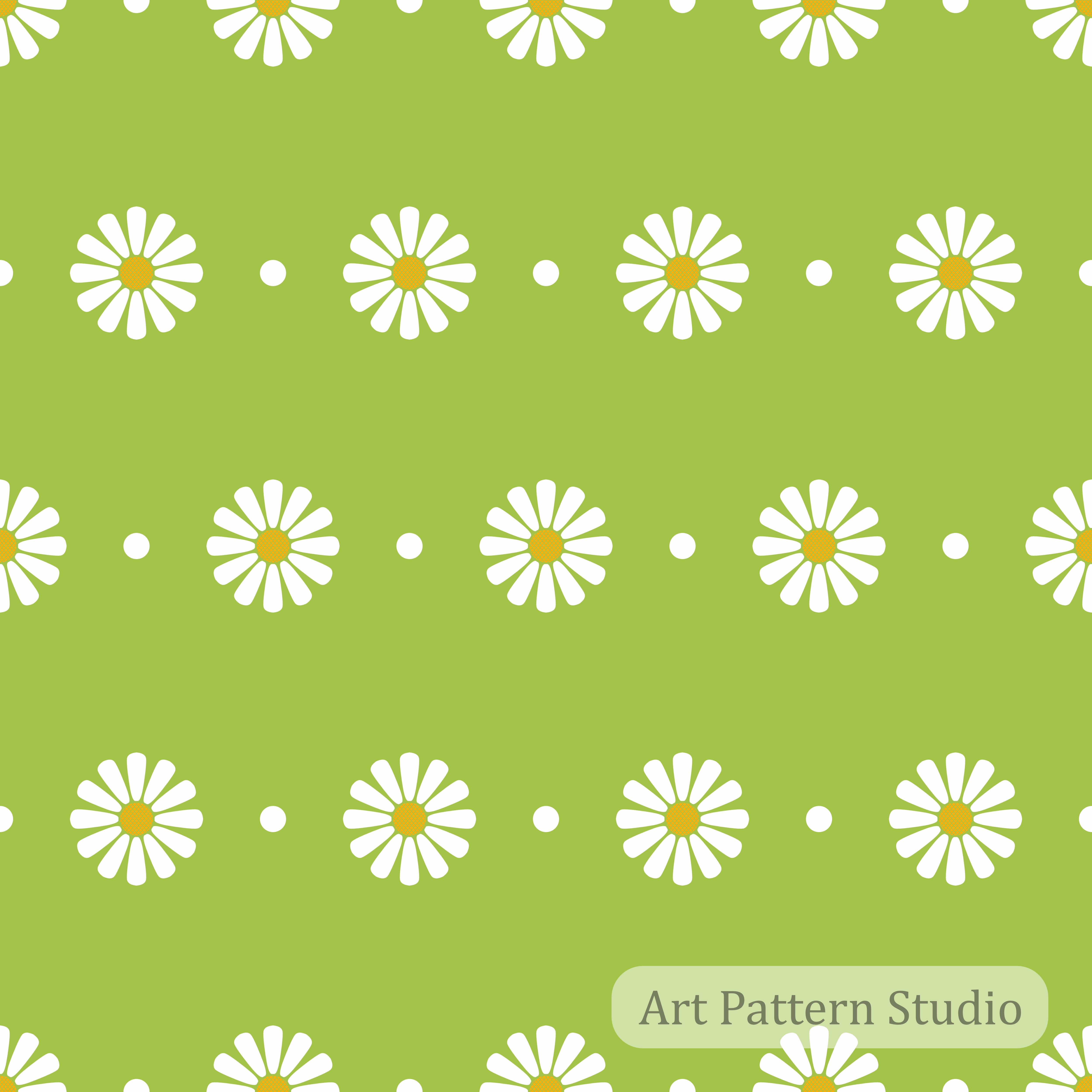 Botanical chartreuse retro daisy floral polka dot seamless pattern with white flowers and orange centers for fashion textiles and wallpaper
