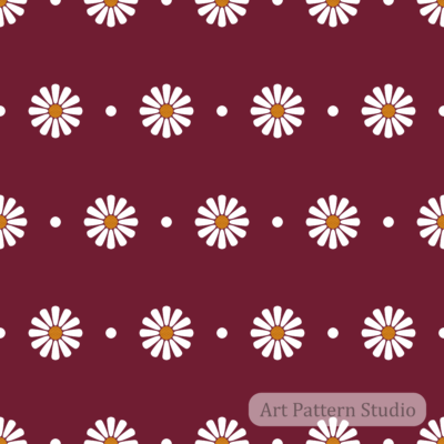 Burgundy retro daisy floral polka dot seamless pattern with white flowers and orange centers for fashion fabric wallpaper and accessories