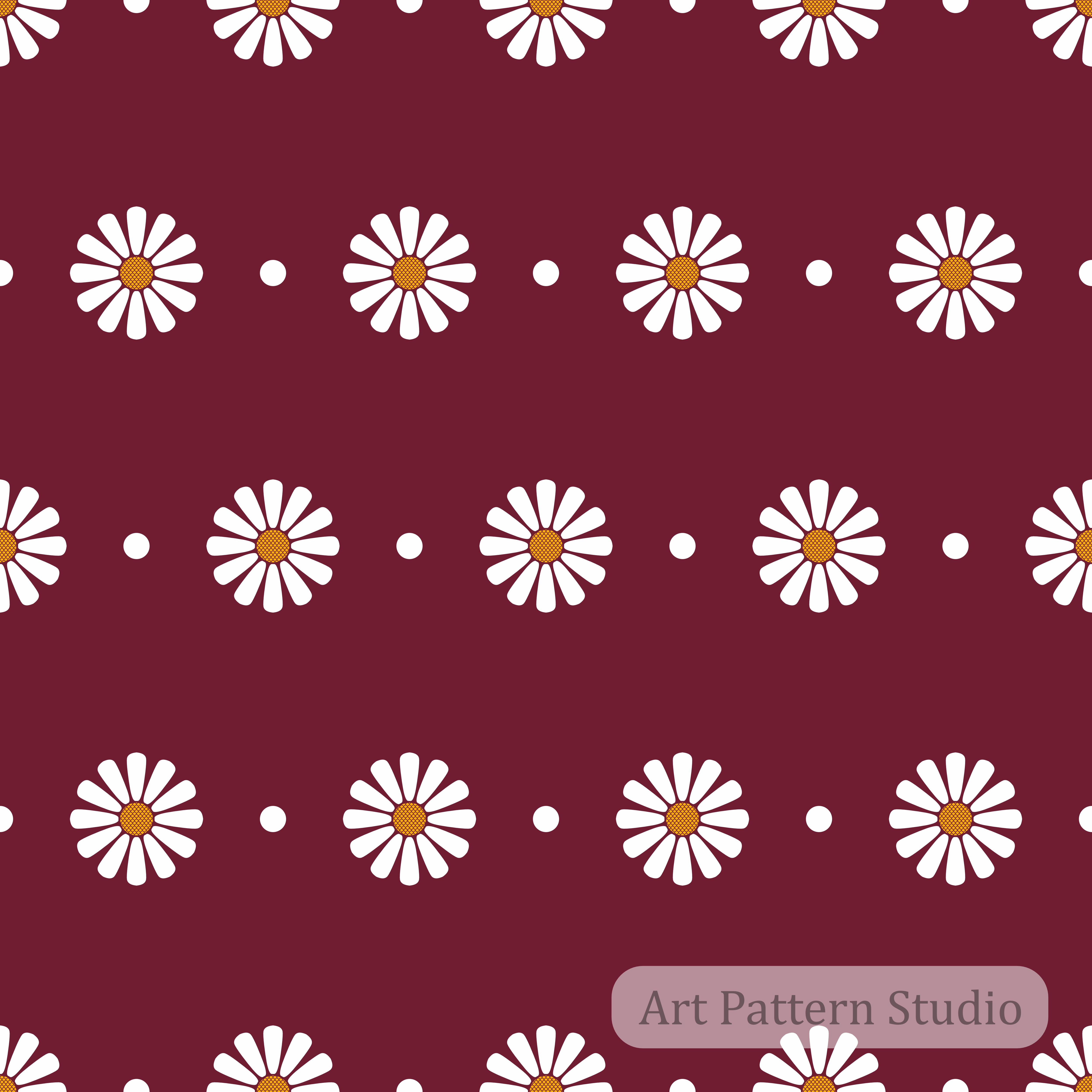 Burgundy retro daisy floral polka dot seamless pattern with white flowers and orange centers for fashion fabric wallpaper and accessories