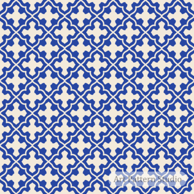 Cobalt blue and ivory Gothic cross seamless pattern with ornamental lattice for fashion textile and ceramic design