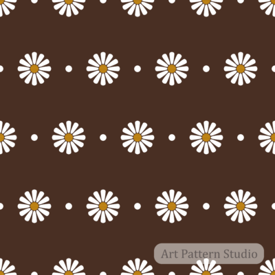 Deep chocolate brown retro daisy floral polka dot seamless pattern with white flowers for fashion textiles wallpaper and surface design