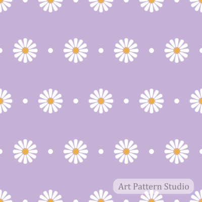 Fairy lilac retro daisy floral polka dot seamless pattern with white flowers and orange centers for fashion textiles and wallpaper