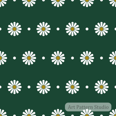 Forest green retro daisy floral polka dot seamless pattern with white flowers and orange centers for fashion fabric and wallpaper