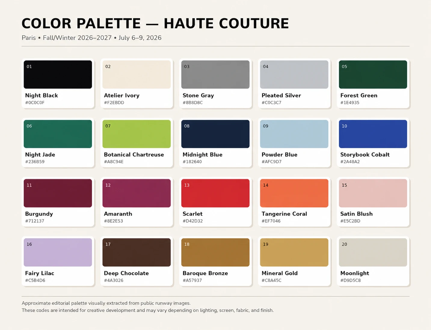Haute Couture Fall Winter 2026–2027 color palette with 20 fashion trend colors and HEX codes