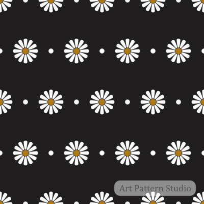 Night black retro daisy floral polka dot seamless pattern with white flowers and orange centers for bold fashion textiles and wallpaper
