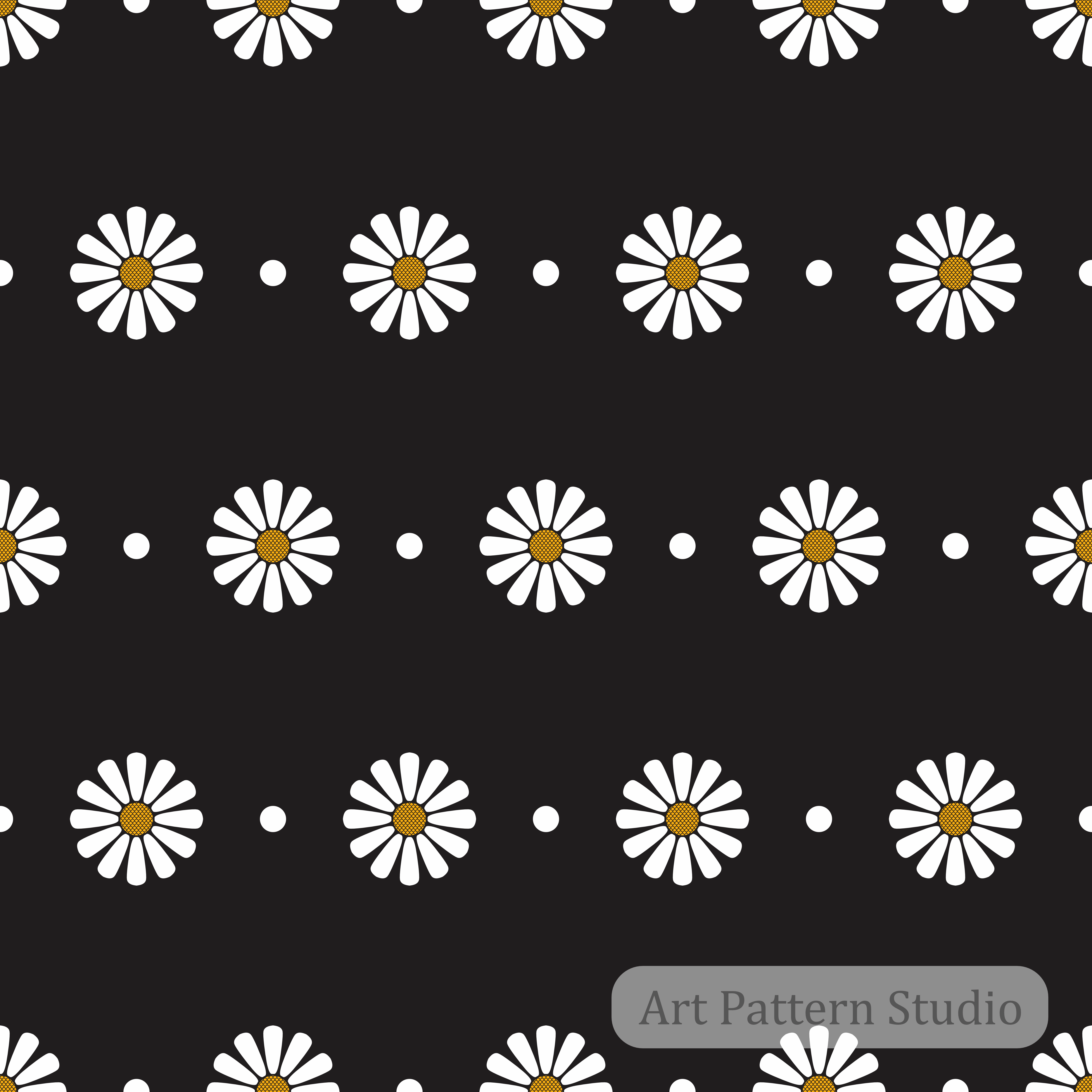Night black retro daisy floral polka dot seamless pattern with white flowers and orange centers for bold fashion textiles and wallpaper