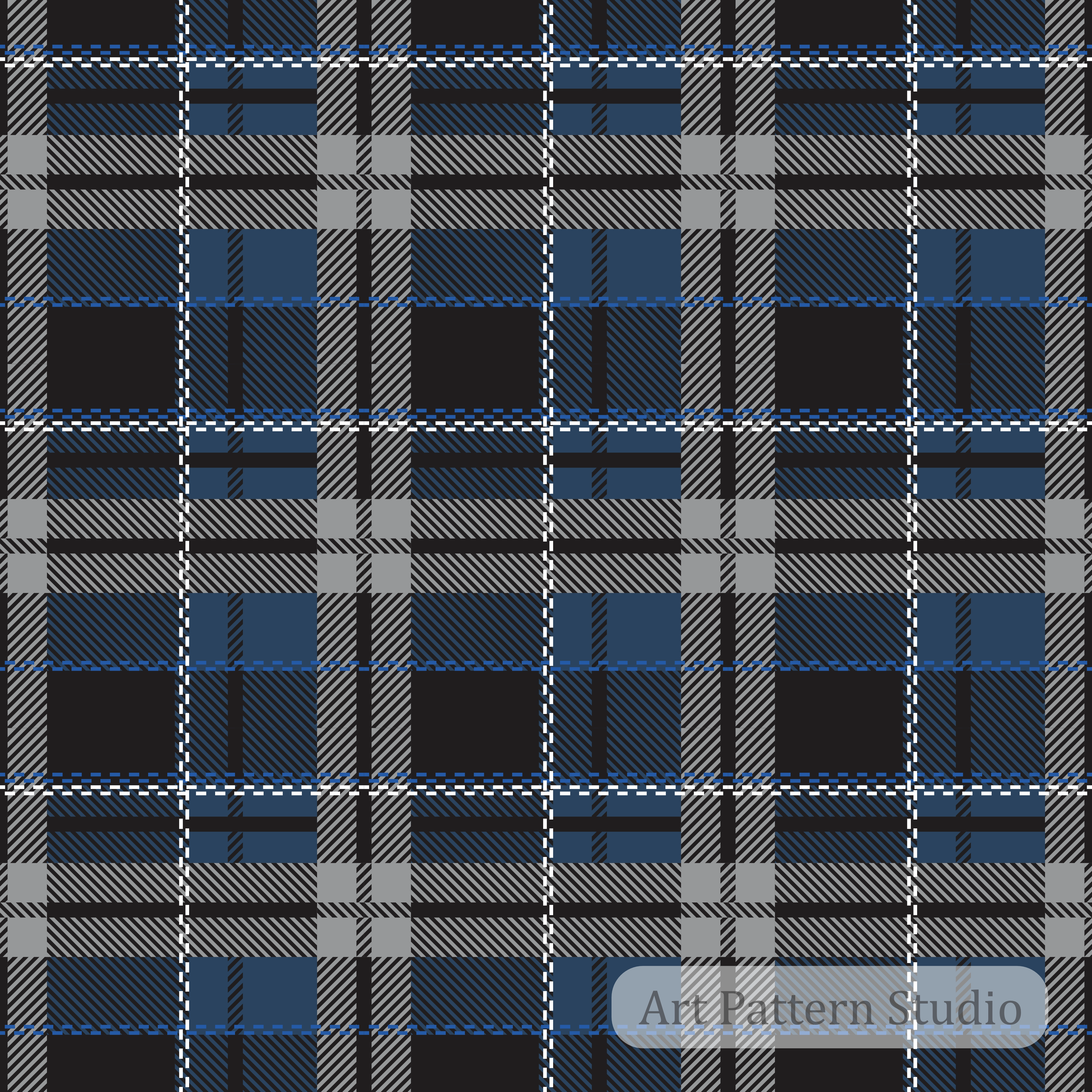 Navy blue gray tartan seamless pattern with classic plaid structure for fashion prints, textile design, wallpaper, packaging, and heritage collections.