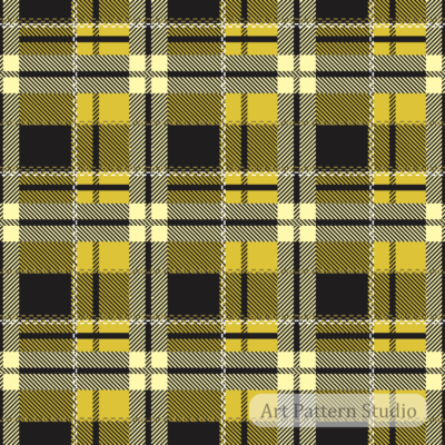 Yellow black tartan seamless pattern with bold plaid stripes for fashion, textile design, wallpaper, packaging, and commercial surface design.