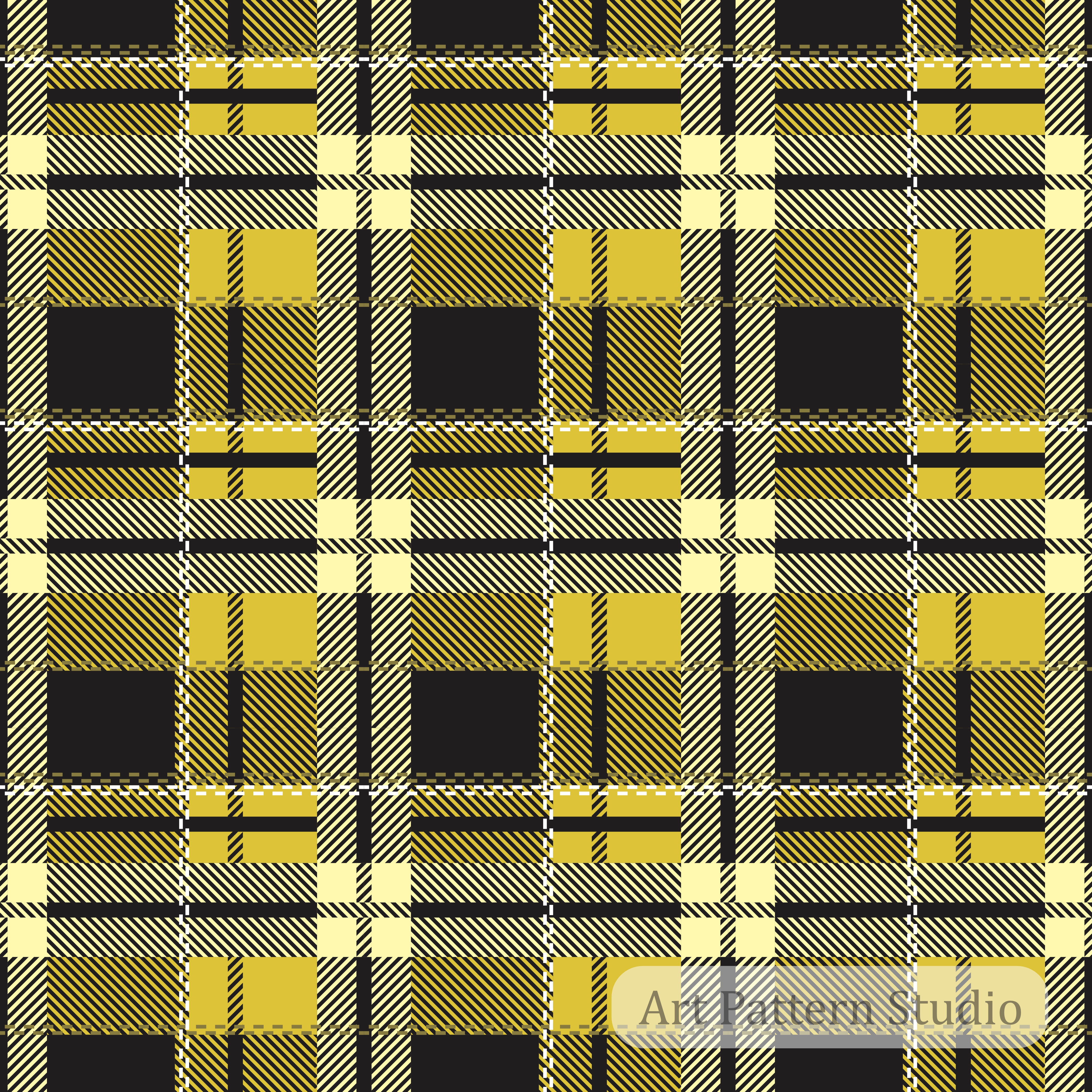 Yellow black tartan seamless pattern with bold plaid stripes for fashion, textile design, wallpaper, packaging, and commercial surface design.