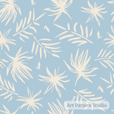 Powder blue abstract tropical palm leaves seamless pattern with ivory foliage for resort fashion textiles wallpaper and home decor