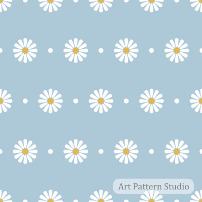 Powder blue retro daisy floral polka dot seamless pattern with white flowers and orange centers for fashion textiles and wallpaper