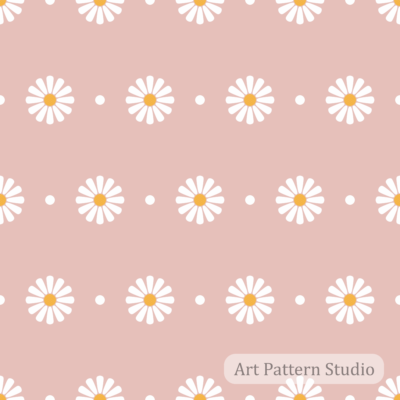 Satin blush pink retro daisy floral polka dot seamless pattern with white flowers for fashion textiles wallpaper and stationery