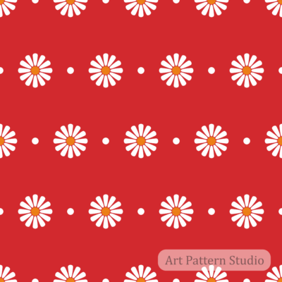 Scarlet red retro daisy floral polka dot seamless pattern with white flowers and orange centers for bold fashion fabric and wallpaper