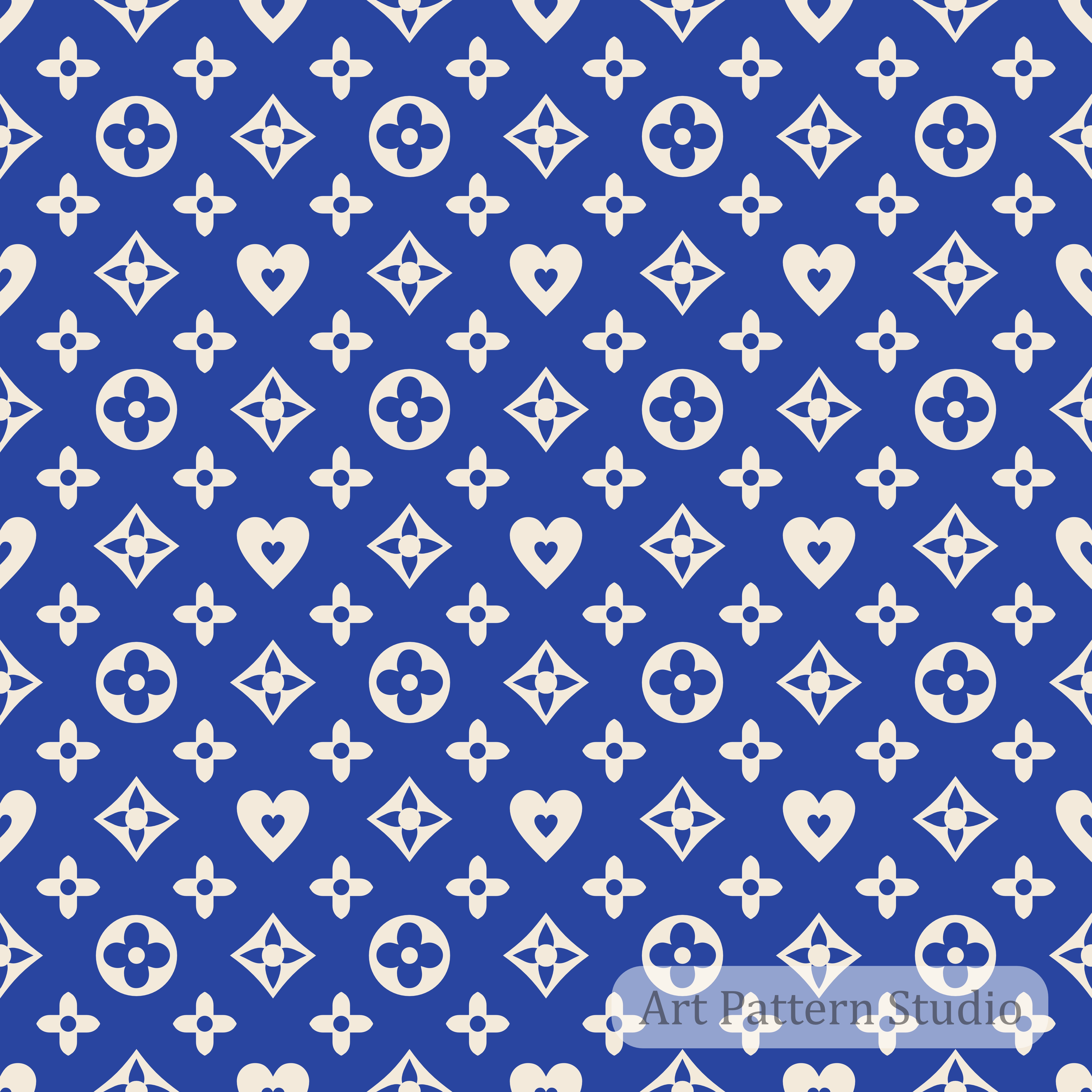 Storybook cobalt and atelier ivory luxury floral monogram seamless pattern for premium fashion scarves textiles and wallpaper