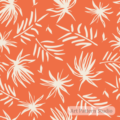 Tangerine coral abstract tropical palm leaves seamless pattern with ivory foliage for resort fashion swimwear wallpaper and packaging