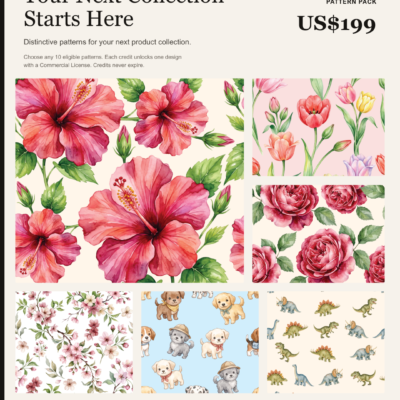 Editorial preview for the Art Pattern Studio 10 Commercial Pattern Pack featuring six seamless pattern samples