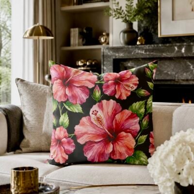 Black Pink Hibiscus Watercolor Illustration Seamless Pattern