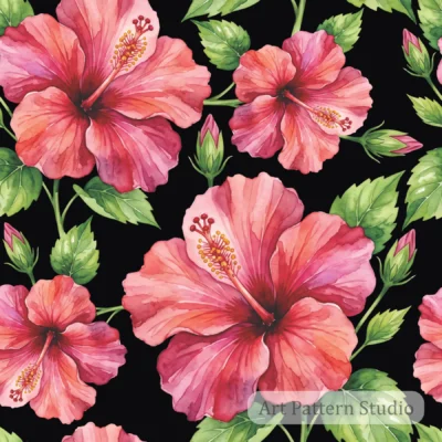 Black pink hibiscus watercolor illustration seamless pattern with tropical flowers and green leaves