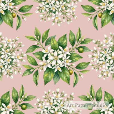 Blush Pink orange blossom botanical illustration seamless pattern with white citrus flowers and green leaves