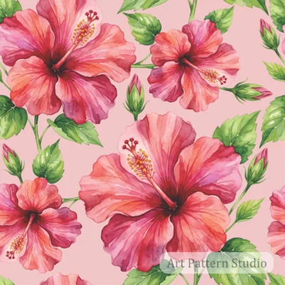 Blush pink hibiscus watercolor illustration seamless pattern with tropical flowers and green leaves