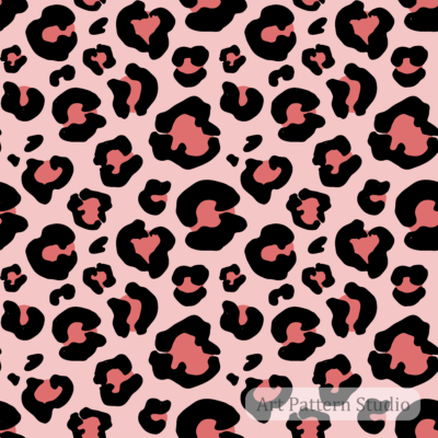Bold blush pink leopard print seamless pattern with black and coral organic spots for fashion, textiles and wallpaper.