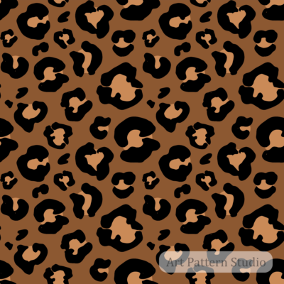 Bold caramel brown leopard print seamless pattern with black and tan organic spots for fashion, textiles and wallpaper.