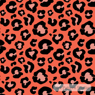 Bold coral leopard print seamless pattern with black and soft pink organic spots for fashion, textiles and wallpaper.