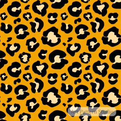 Bold golden yellow leopard print seamless pattern with black and cream organic spots for fashion, textiles and wallpaper.